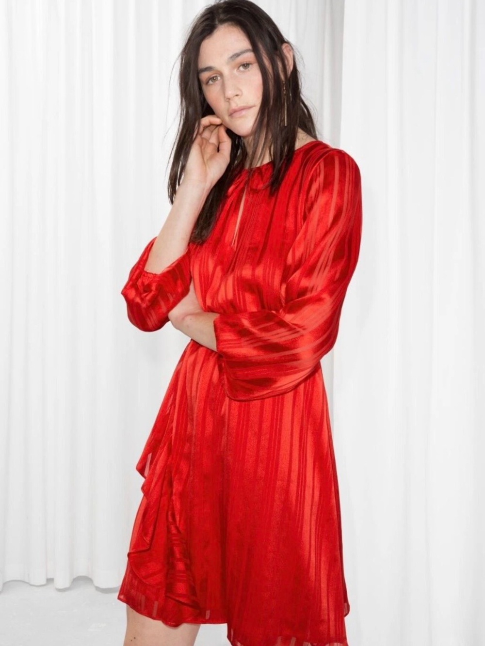 NWOT & Other Stories Red Stain Stripe Ruffle A-Line Mini Cocktail Dress Size 4